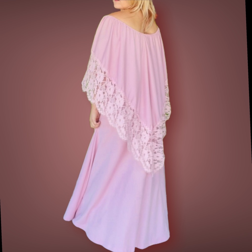 Vintage stunning pale pink dress with long cape style trimmed in lace